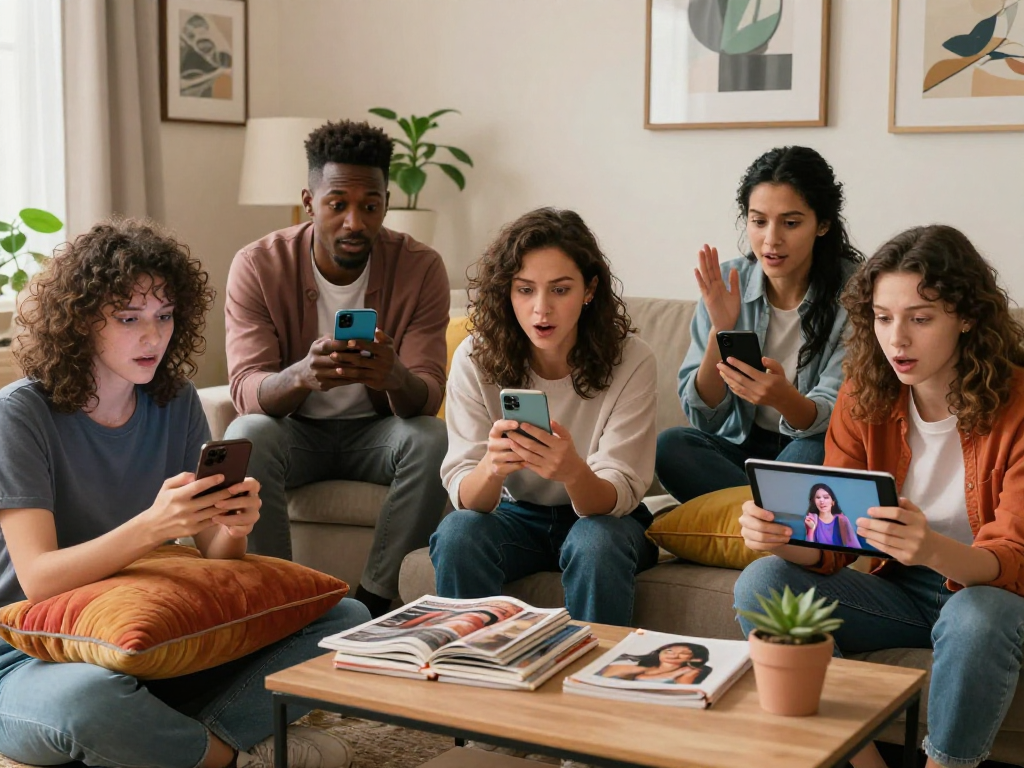 Engaging scene showcasing diverse individuals exploring sex chat ai on their devices in a cozy living room.