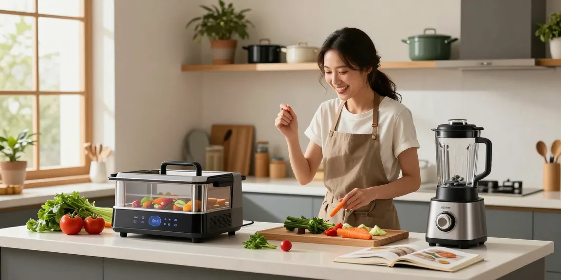 Home cook using smart kitchen gadgets with fresh ingredients in a modern kitchen.