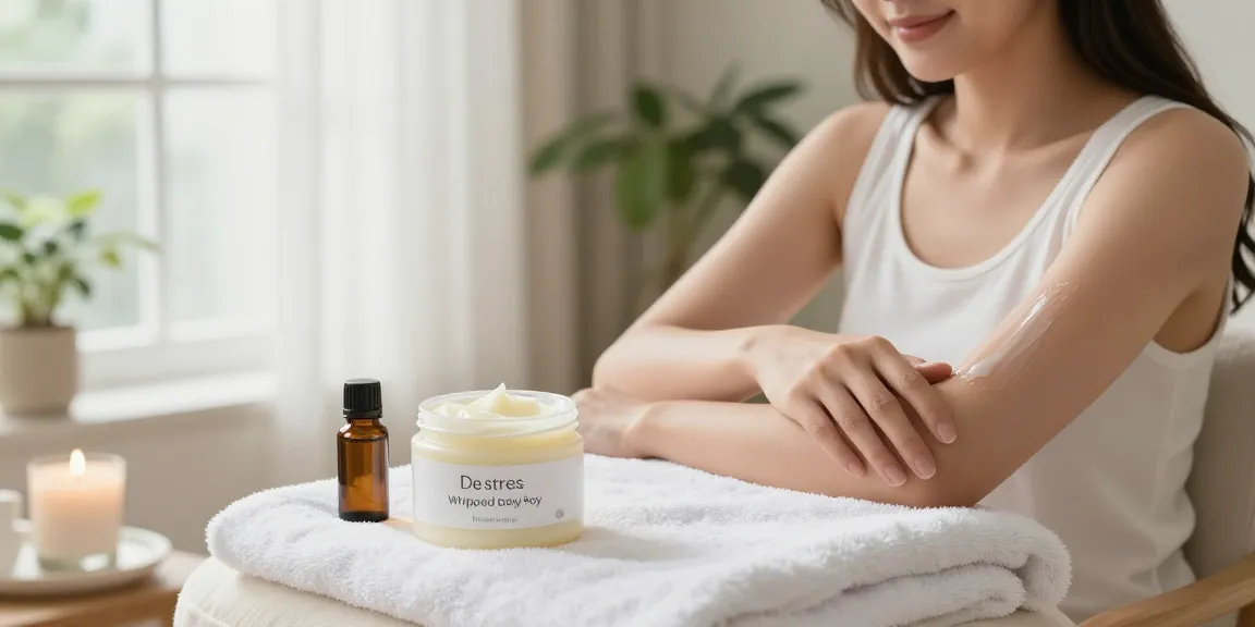 Applying De stress Whipped Body Butter in a tranquil home spa setting, emphasizing relaxation and skincare.