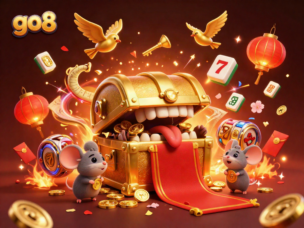 Engage in great riches at go8, featuring a treasure chest and slot game elements in a vibrant scene.