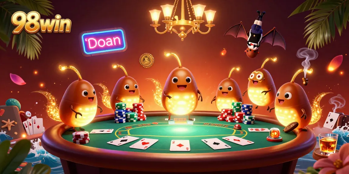 Win big at 98win with vibrant casino illustration featuring poker chips, cards, and bioluminescent glowworms.