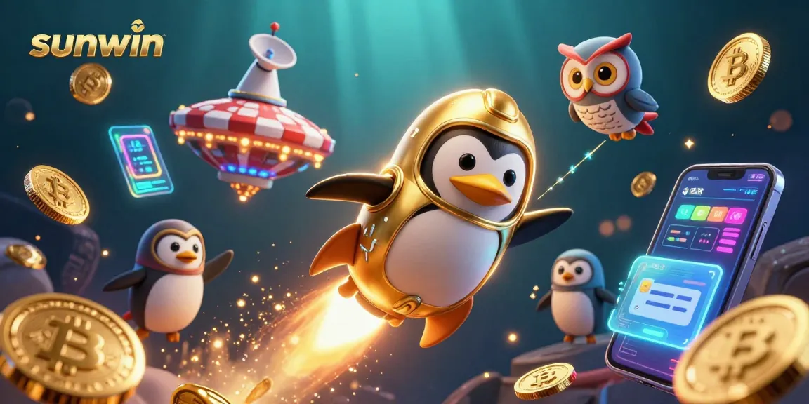 Experience the thrill of sunwin with a golden penguin launching towards a dazzling casino.