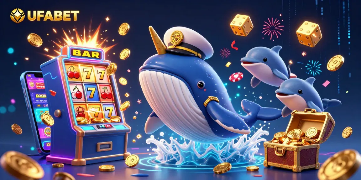 Experience thrilling wins with UFABET in a vibrant, lively casino setting featuring a 3D whale and playful dolphins.