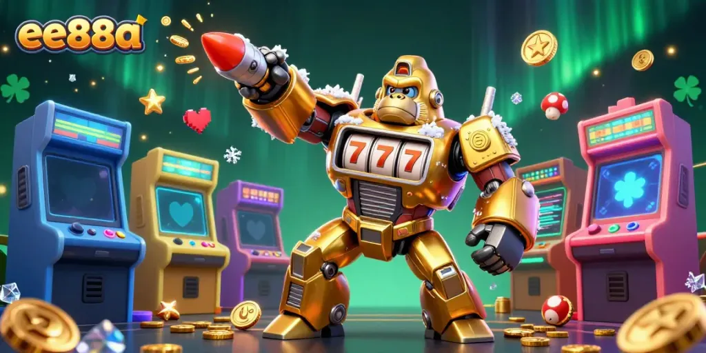 Experience thrilling wins with ee88a’s 3D mech gorilla and arcade gaming elements bursting with coins.