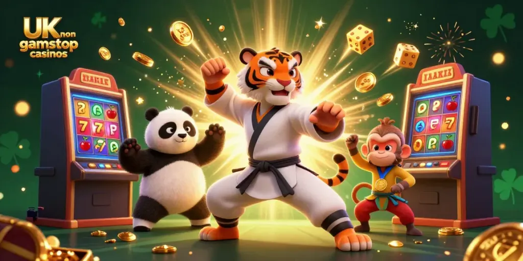 Engaging scene showcasing UK non gamstop casinos with animated characters in dynamic casino action.