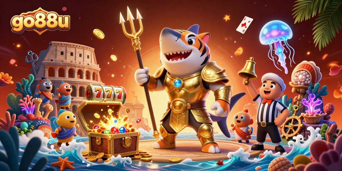 Experience the excitement of go88u with a tiger shark gladiator in an underwater casino scene.