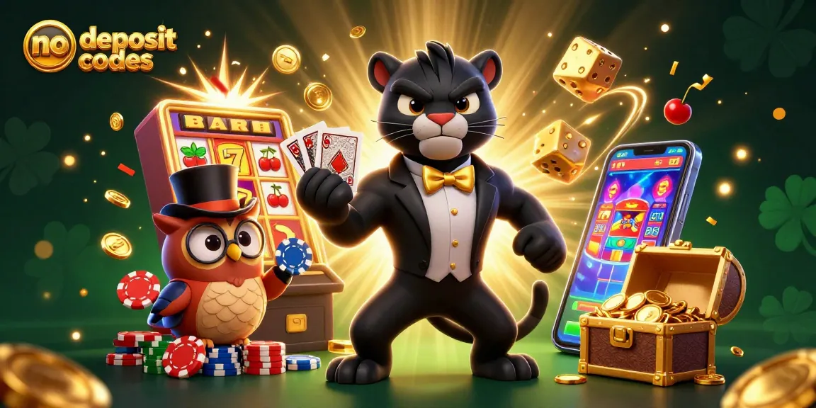 Experience the thrill of no deposit codes with a vibrant casino scene featuring a tuxedo-clad panther and lively characters.