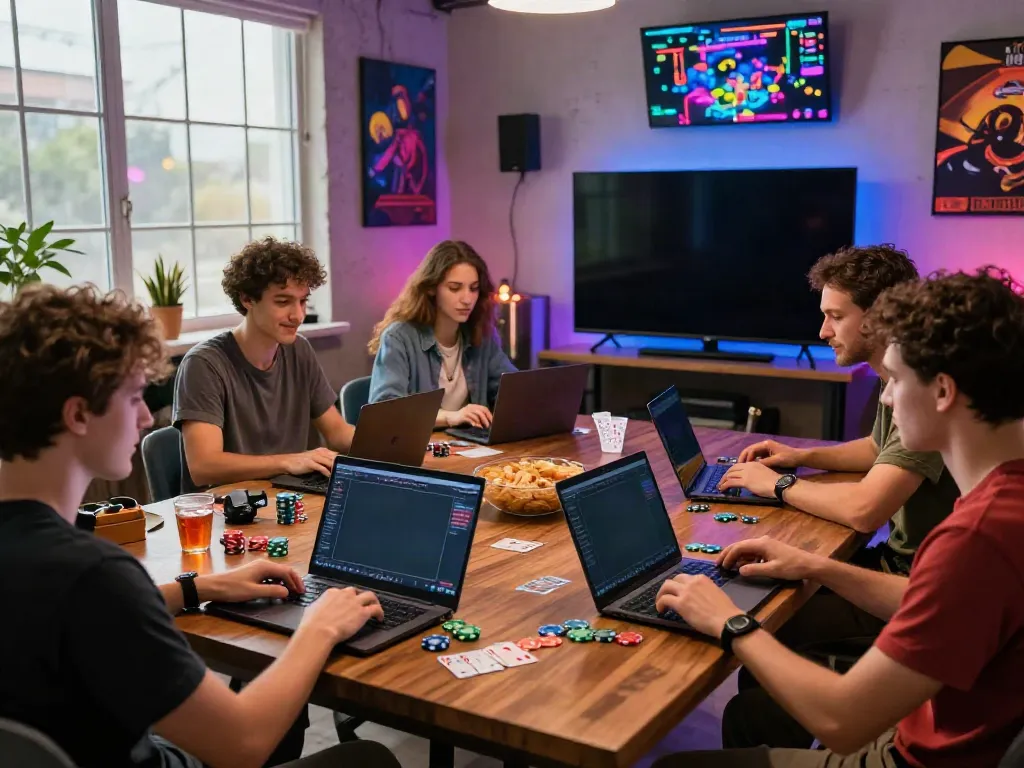 Friends enjoying a lively gaming night focused on online credit card casinos, showcasing excitement and social interaction.