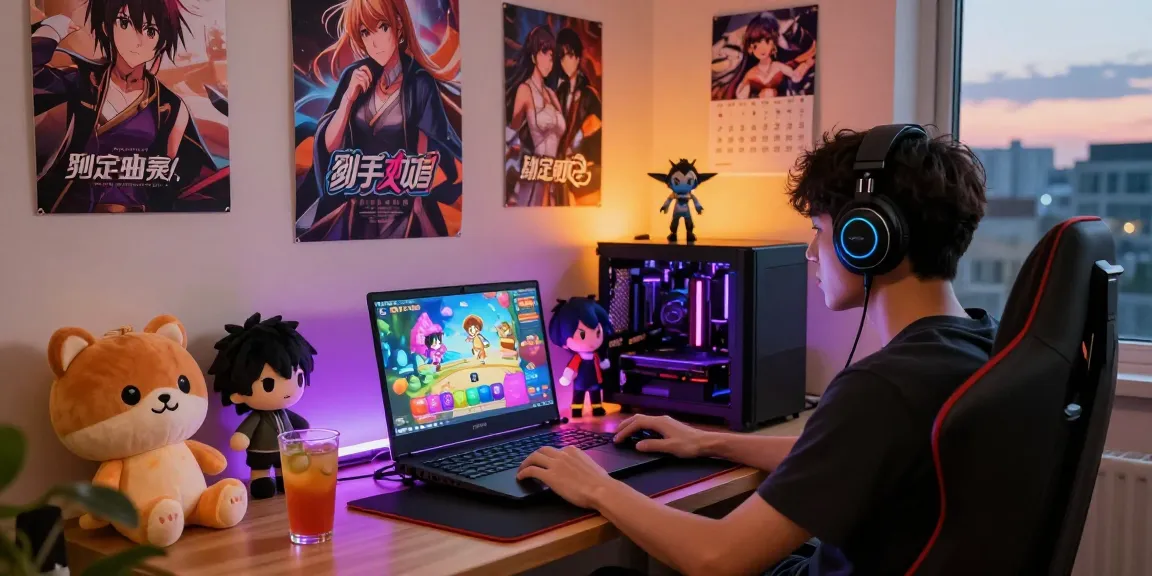 Engaging gaming scene showcasing an ero game on a laptop with vibrant characters.