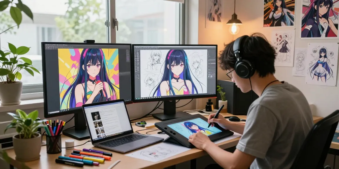 Artist creating vibrant ecchi AI illustrations in a dynamic digital studio.