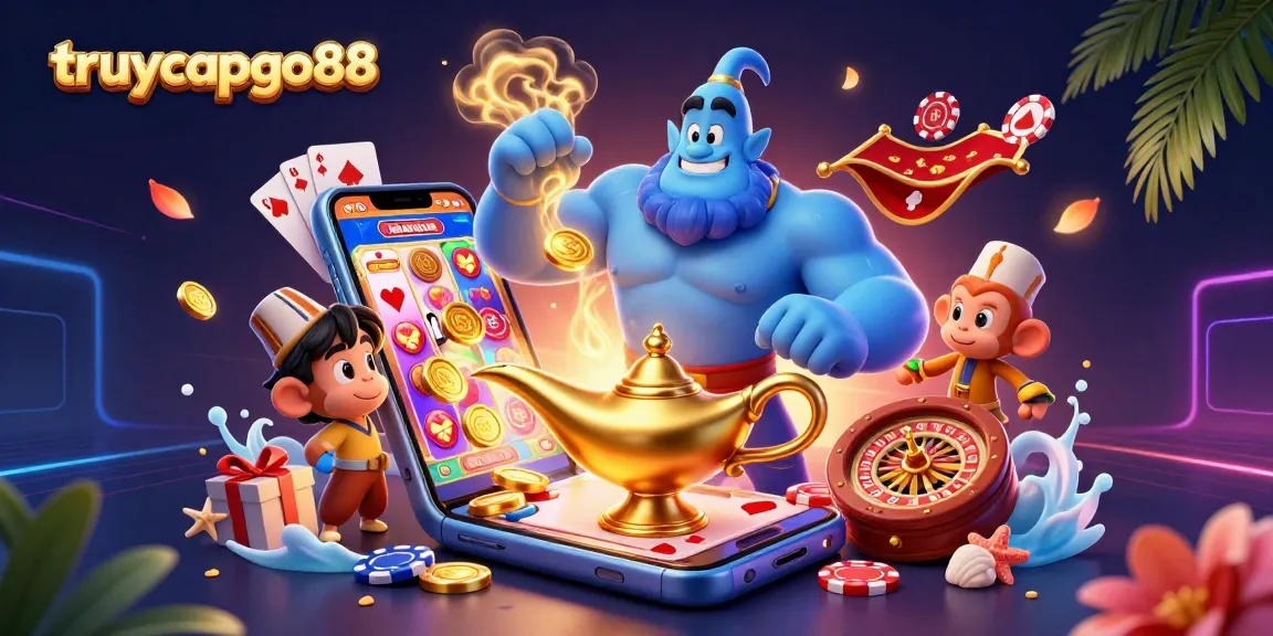 Experience the vibrant world of truycapgo88 with a magical genie and casino excitement.