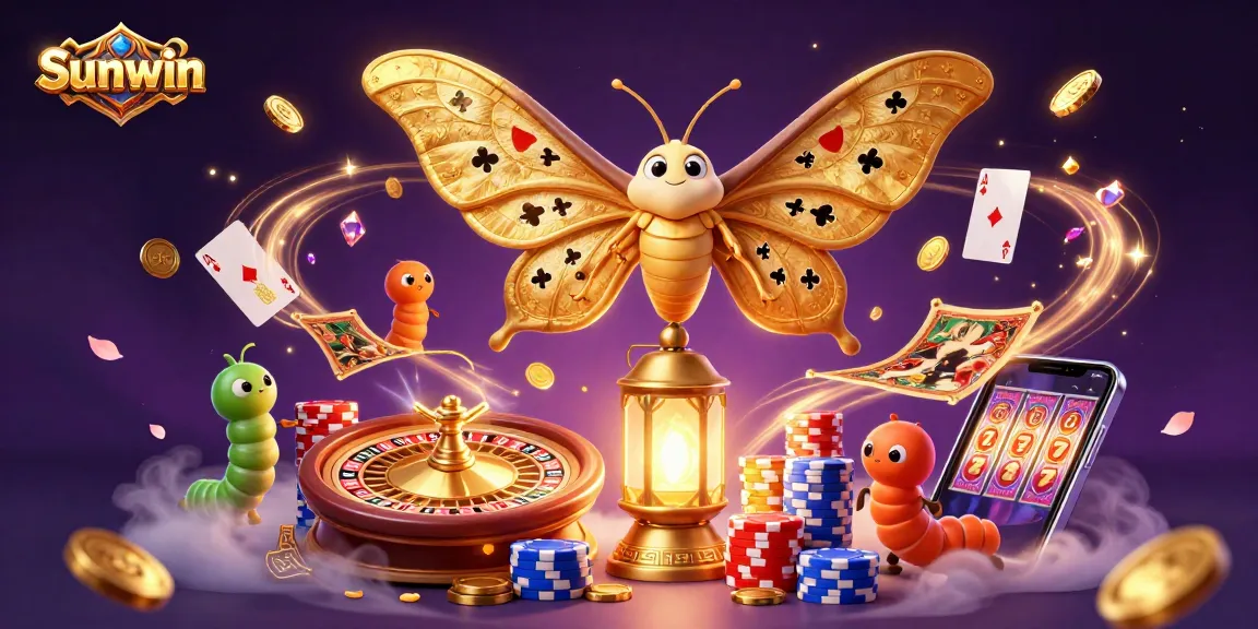 Engage with Sunwin's vibrant online casino experience featuring golden winged moths and dynamic gaming elements.