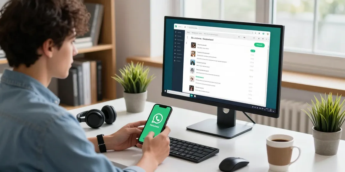 Using WhatsApp網頁版 in a modern office workspace, showing user engaged on large monitor with chat threads.