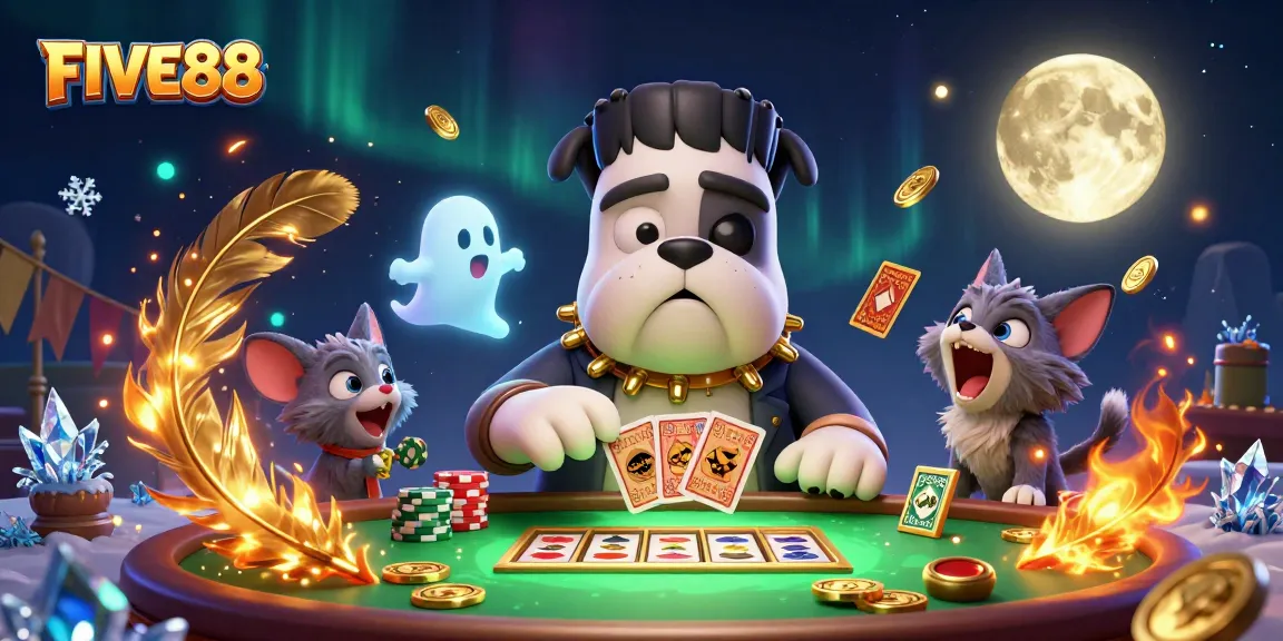 Join the fun at FIVE88 with a vibrant casino scene featuring captivating characters and slot reels.