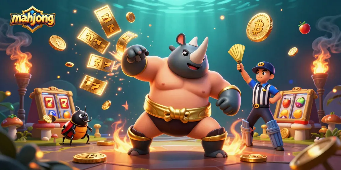 Experience thrilling mahjong gameplay with vibrant graphics, featuring a sumo champion and flying slot reels.