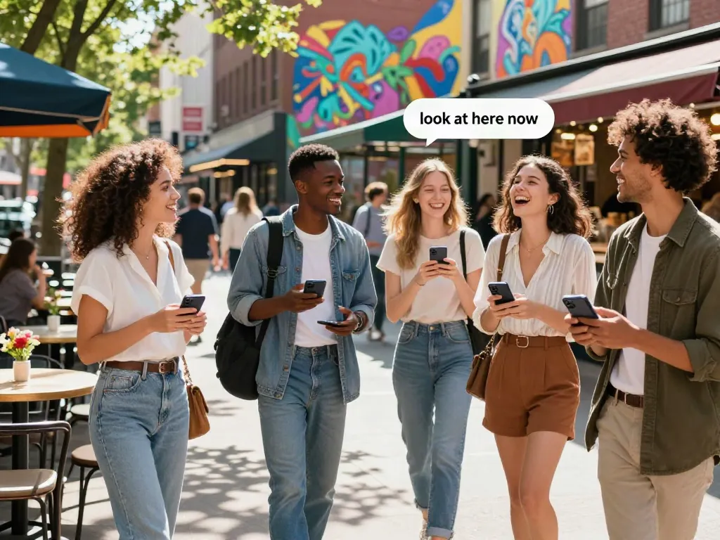 A group of friends enjoying a vibrant urban scene, celebrating their trendy styles and capturing moments, embodying "look at here now" spirit.
