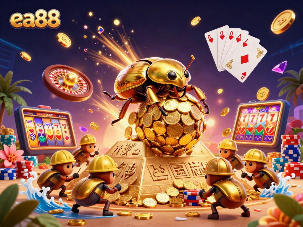 Win big with ea88 by exploring this vibrant casino scene featuring golden beetles and packed game elements.