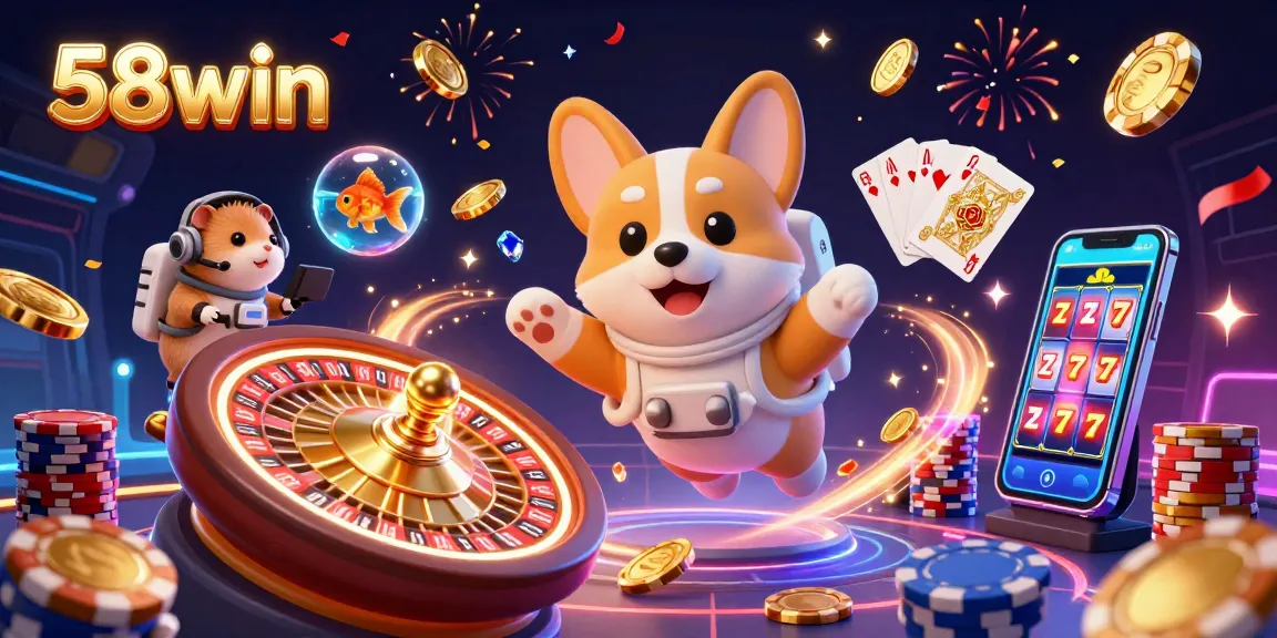 Experience the thrill of 58win with playful characters in a vibrant casino setting filled with golden coins and poker chips.