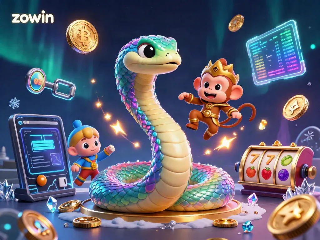 Zowin vibrant casino scene featuring a playful monkey king, rainbow serpent, and dynamic slot game elements.