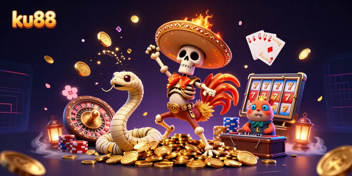 ku88 showcases a dynamic casino scene with a lively mariachi character and vibrant gaming elements