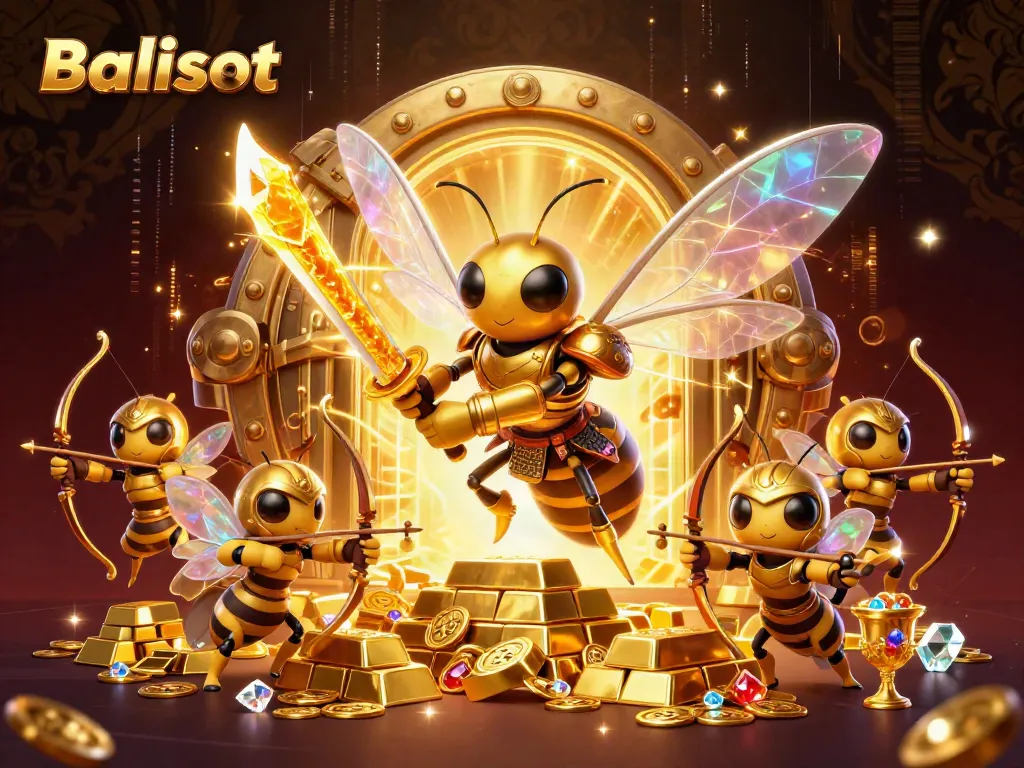Balislot promotes excitement with a golden hornet samurai leading a treasure-filled scene.