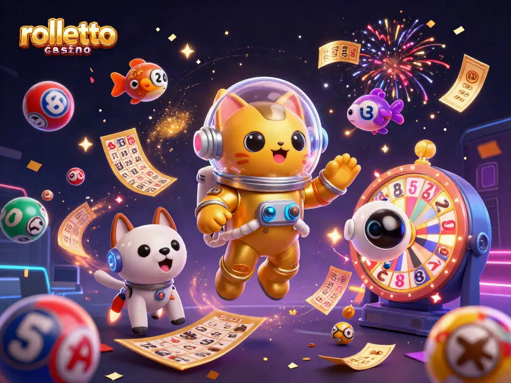 Experience rolletto casino excitement with floating astronaut cat, robot dog, and dynamic gaming elements.