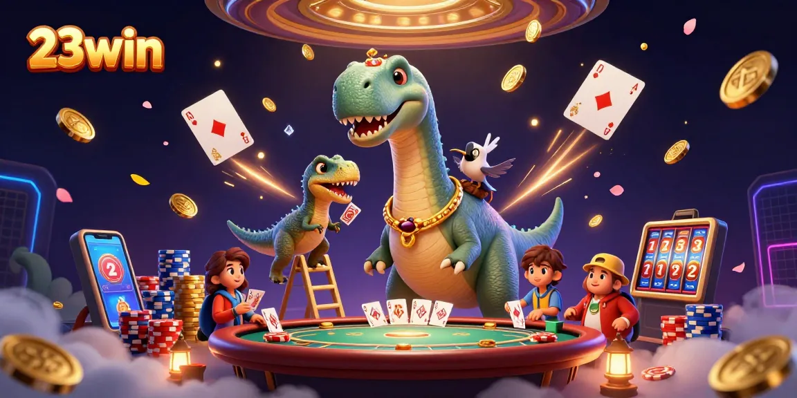 Win big with 23win at a dazzling casino scene featuring the brontosaurus and raptor, evocating excitement.
